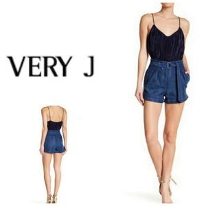 VeryJ Blue Denim High Rise Belted Shorts
